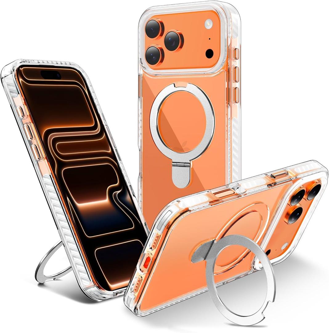 UMIONE for iPhone 17 Pro Clear Magnetic case with Stand and Finger Ring, Compatible with magsafe, Shockproof Transparent Hard Plate, Full Body case, Universal for Boys and Girls 6.3 - White