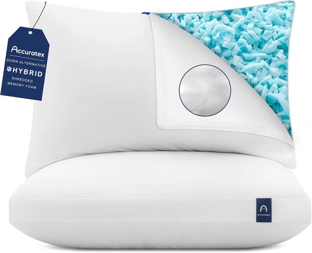 ACCURATEX Pillows King Size Set of 2, Hybrid Shredded Memory Foam Pillow[Adjustable Loft], Fluffy Down Alternative Fill Removable Cotton Cover, Firm Supportive Pillow for Side Back Sleepers