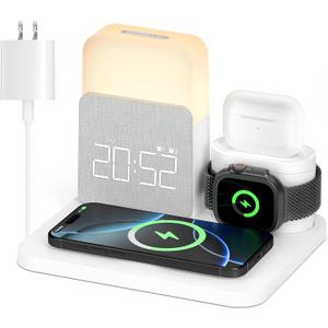 Alarm Clock Charging Station for Bedrooms, 7 in 1 Wireless Charging Station, Magnetic Charger with Night Light Bedside Clock for iPhone 17 16 15 14 13 12 Pro Max, Apple Watch, AirPods (White)