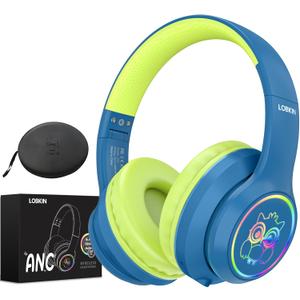 LOBKIN Active Noise Cancelling Headphones for Kids with Case - RGB LED Light Up Foldable Adjustable Over Ear Headphone Support Wireless or 3.5mm Wired Mode for Toddler & Girls & Boys Teens