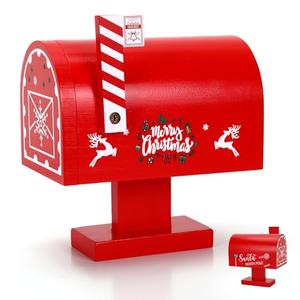 JULEASEL Wooden Christmas Mailbox with 12 Envelopes & Cards, Letters to Santa Holiday Decoration for Kids & Family, Red Wooden Santa Mail Box for Christmas Tabletop Display