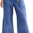 Cicy Bell Womens Wide Leg Jeans Vintage Mid Rise Baggy Boyfriend Belted Denim Pants with Pockets (Blue)