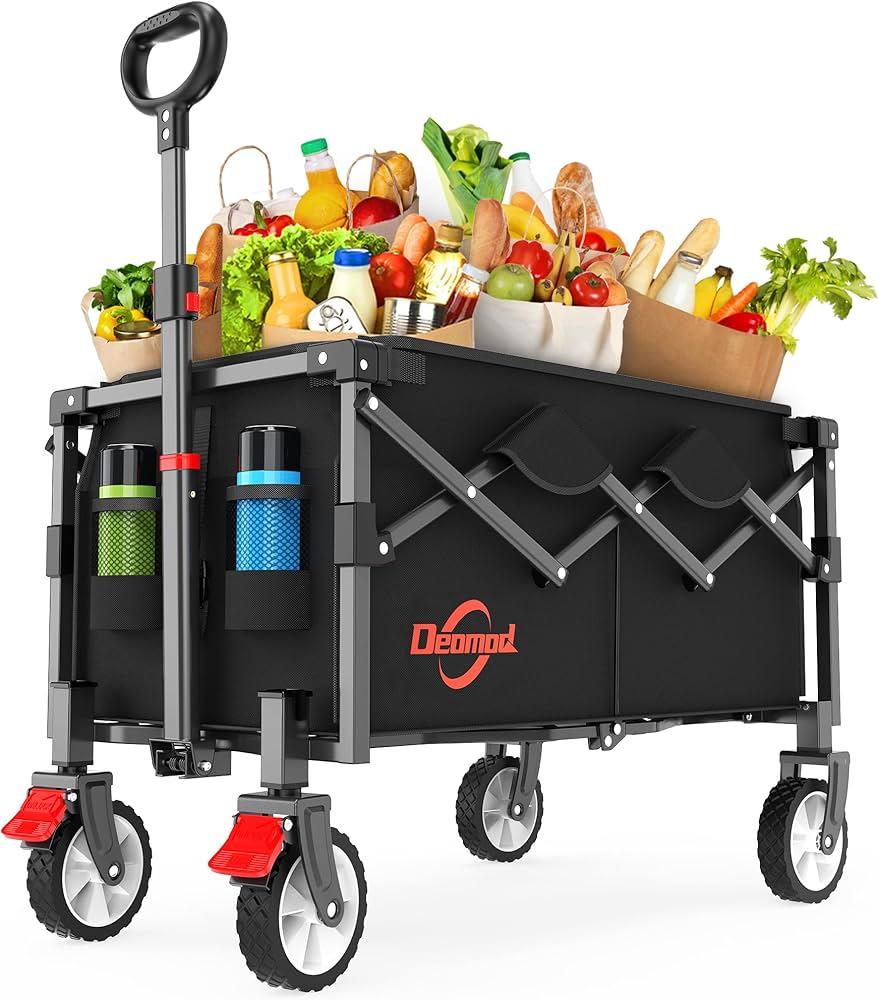 Deomod Collapsible Foldable Wagon, Heavy Duty Wagons Carts Foldable with Two Drink Holders and All Terrain Rolling Wheels with Brake, Utility Grocery Wagon Cart for Camping Shopping Sports and Fishing