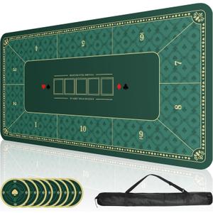 ORIENGEAR Poker Mat 70x35 Inch, 10 Player Poker Table Topper with Non-Slip Rubber Base & Carry Bag, Professional Blackjack Table Top for Texas Holdem, Home Casino Game Nights (Green)