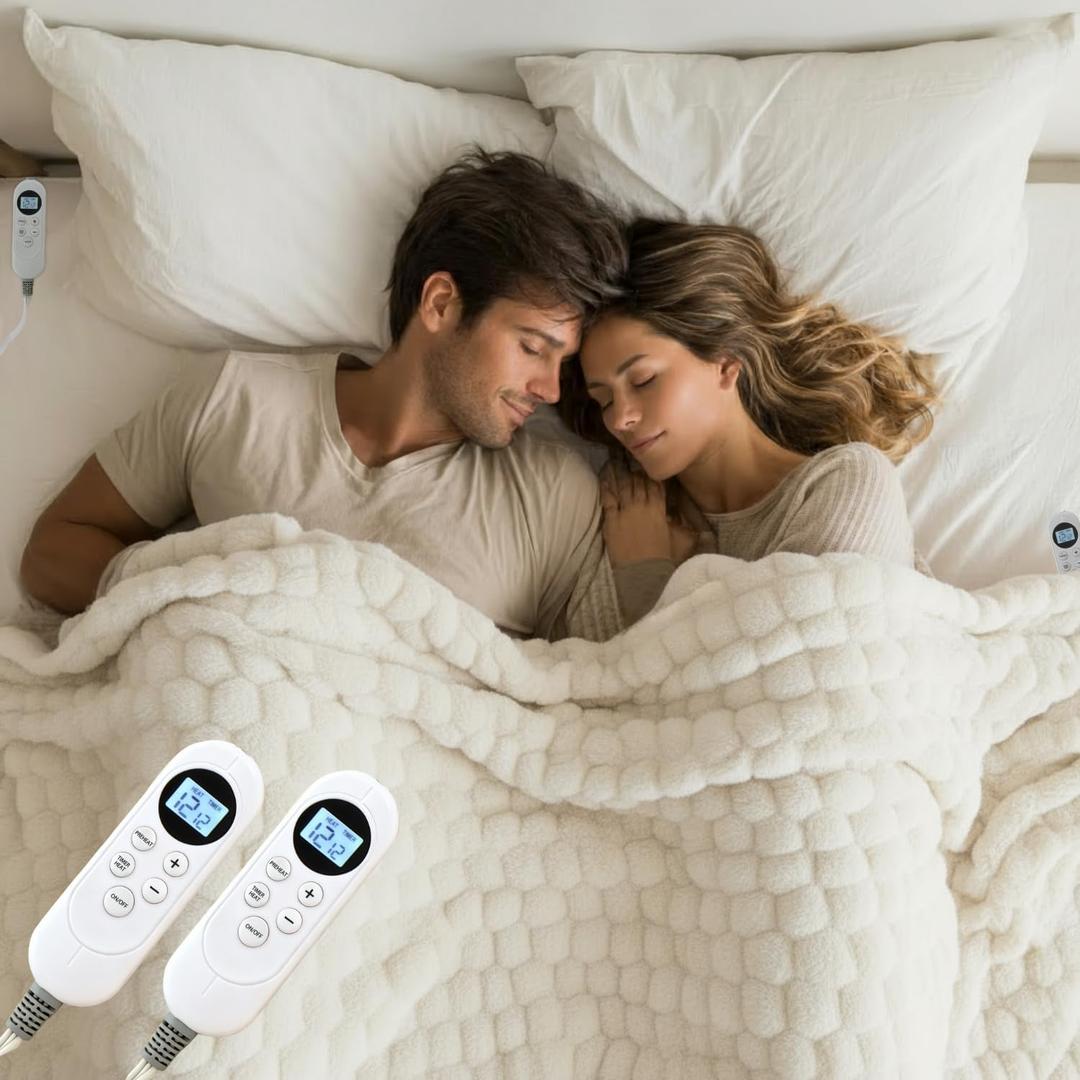 Eastsora Heated Blanket Electric Blanket Heating, Dual Control Soft Ribbed Faux Fur Electric Blanket with 12 Heat Levels 12H Timer ETL FCC Certified Machine Washable (White, King | 90" x 100")