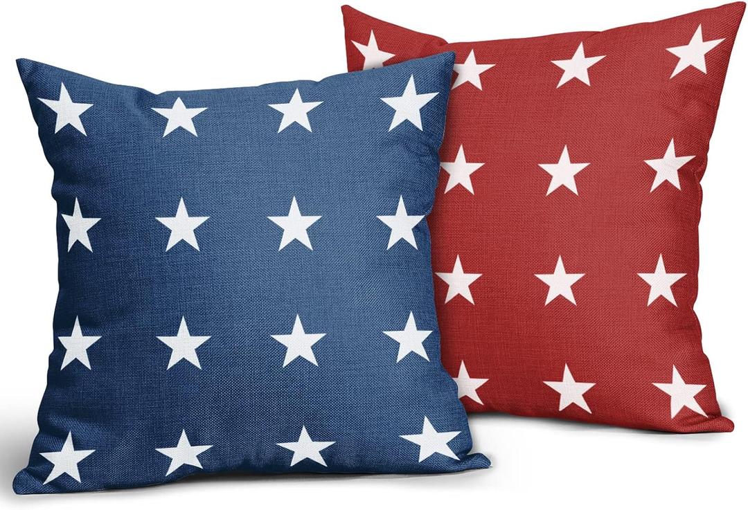 4th of July Pillow Covers 18x18 Rustic Blue Red Stars Memorial Day Independence Day American Patriotic Decorative Pillowcase for Couch Sofa Home Throw Pillows Square Linen Cushion Case, Set of (Star10)