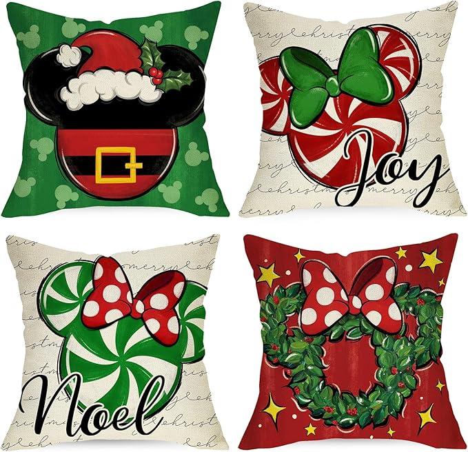 Merry Christmas Decorative Throw Pillow Covers 18 x 18 Set of 4, Xmas Candy Cane Wreath Red Green Bow Cushion Case Decor, Noel Joy Winter Holiday Farmhouse Home Sofa Couch Decoration