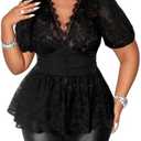 MakeMeChic Women's Plus Size Sexy Peplum Lace Tops Floral Sheer Mesh Going Out Tops Low Cut Short Sleeve T-Shirt, 3 XL
