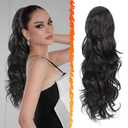 BARSDAR Black Brown Ponytail Extension - 20 Inch Curly Wavy Drawstring Ponytail Hair Extensions for Women - Synthetic Drawstring Clip in Pony Tails Hairpieces Daily Party - Black Brown
