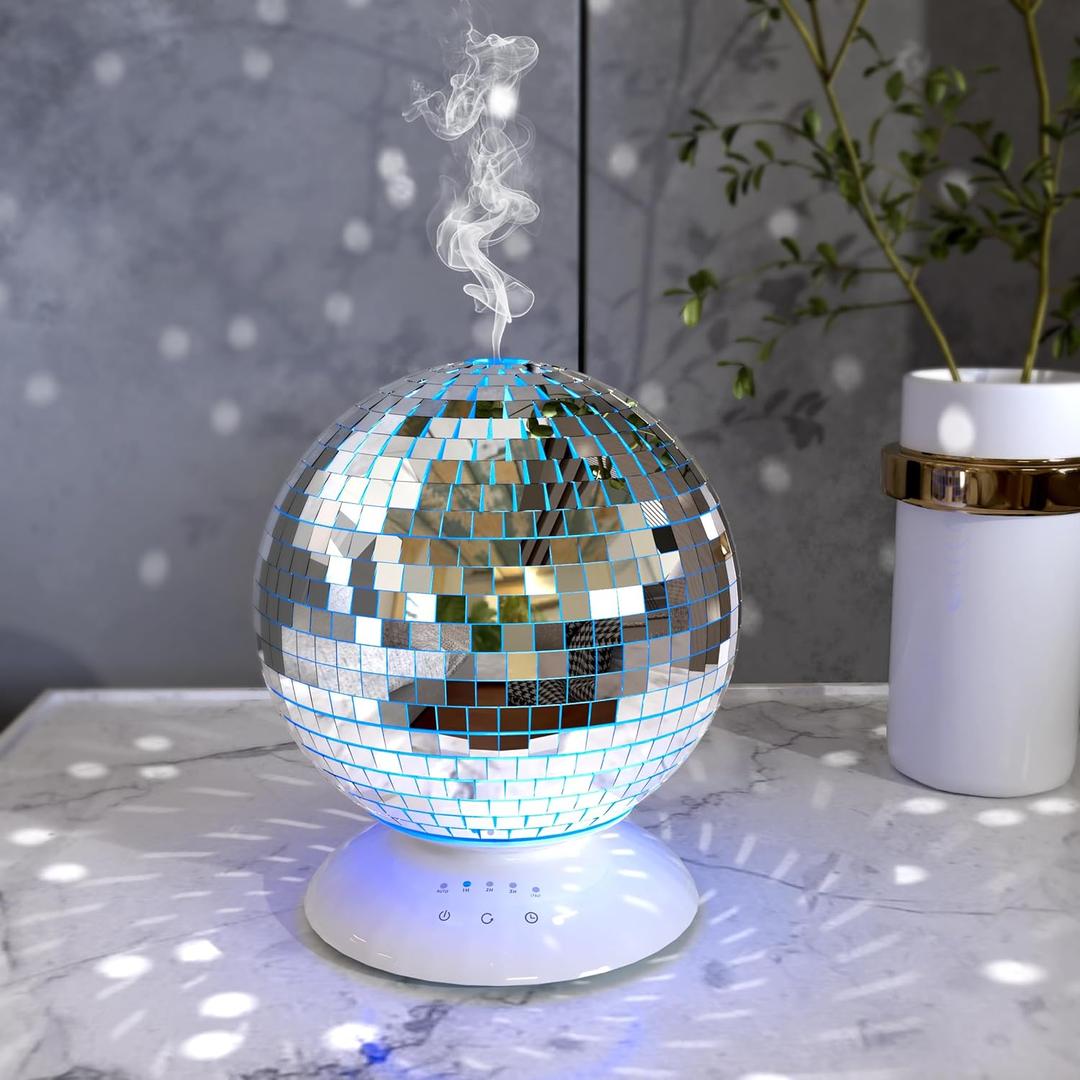 Mirror Essential Oil Diffuser Rotating, 14 Light Modes 4 Timer Setting Aromatherapy Diffuser, Cute Home Disco Decor Great Decoration and Accessories for Disco Party, Room, Office (Silver)