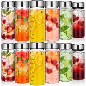 LemonRoad 12 Pack 13.5 oz Glass Juice Bottles Bulk Scale Wide Mouth Glass Water Bottle with Leakproof Stainless Steel Lids, Borosilicate Reusable Container for Juicing Smoothies Infused Water