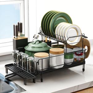 Runnatal Large Dish Drying Rack with Drainboard Set, Stainless Steel Detachable 2-in-1 Large-Capacity 2-Tier Over The Sink Anti-Rust Dish Rack and Dish Drainer for Kitchen Counter