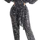 Women Sparkly Dressy Jumpsuit Deep V Neck Long Sleeve Clubwear Plus Size Wide Leg Long Pants Rompers (Large)