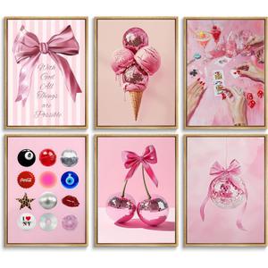6Pcs Pink Preppy Canvas Wall Art Pink Bow Disco Ball Posters Prints Funky Cherry Ice Cream Pictures Paintings Cute Girl Wall Decor Suitable for Girls Bedroom, Dorm, Kitchen Decoration Unframed (8-10)