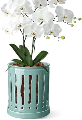 BUYMAX Ceramic Orchid Pot, 6 Inch Planter with Drainage Holes and Tray, Indoor Flower Pot for Repotting Orchids, Elegant Indigo Glaze