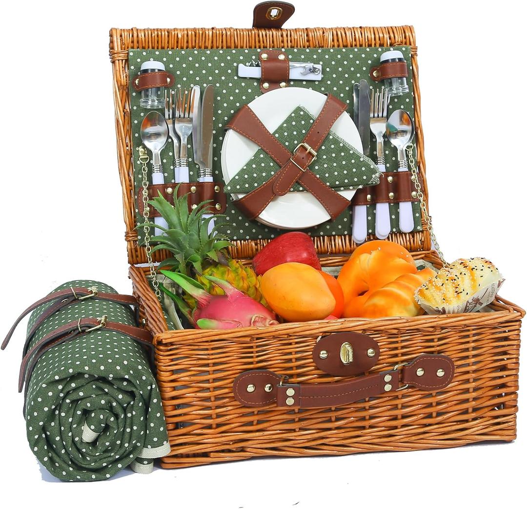 Picnic Basket for 4 Persons with Waterproof Picnic Blanket and Insulated Cooler, Large Wicker Picnic Basket for Camping, Outdoors, Valentine's Day, Christmas, Birthday, Wedding Gift (Green & White Spots)