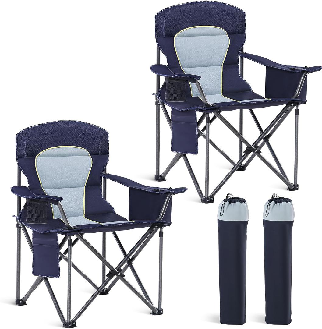 HIGH POINT SPORTS Oversized Camping Folding Chair, Heavy Duty Portable Outdoor Chair, Foldable Camp Chair with Cup Holder and Cooler Bag Support 450 LBS, 2 Pack, Dark Blue, Twin Pack