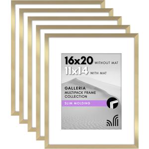 Americanflat 16x20 Picture Frame with Polished Plexiglass - Set of 5 - Use as 11x14 Frame with Mat or Display 16x20 Photo Without Mat - Galleria Collection - Picture Frames for Wall Display - Gold
