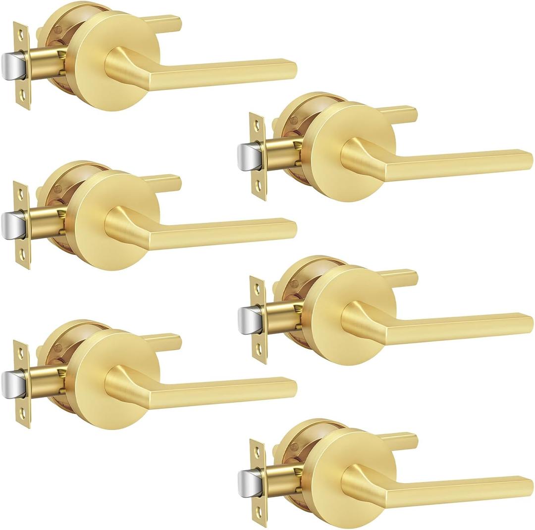 Goldenwarm Gold Closet Door Handles Interior, Bruhsed Gold Interior Passage Door Handles, Heavy Duty Zinc Alloy Indoor Brushed Brass Door Levers for Closets and Hall (6 Pack)