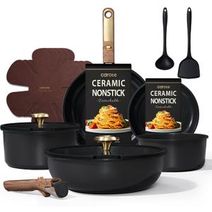 CAROTE 15Pcs Ceramic Cookware Set, Pots and Pans Set Non stick, Kitchen Cooking Set with Detachable Handle, Non Toxic Induction Cookware, Dishwasher/Oven Safe, PFAS Free, Black&Gold
