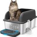 Suzzipaws 8" Deep Stainless Steel Litter Box with Lid Extra Large Cat Litter Box for Big Cats XL Metal Litter Pan Tray with High Wall Sides Enclosure, Non-Sticky, Anti-Leakage (Charcoal Gray)