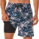 HODOSPORTS Mens Swimsuit Trunks 7" Quick-Dry Swim Shorts with Compression Liner and Zipper Pockets (Large, 14 - Coconut Trees)