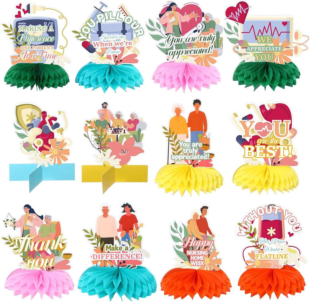 Yinkin 12 Pcs CNA Week Nursing Home Decorations 7 Inches Honeycomb Table Centerpieces Thank You Nursing Party Decorations 3D Double Side Toppers Paper for Medical Nurse Doctor Staff Appreciation