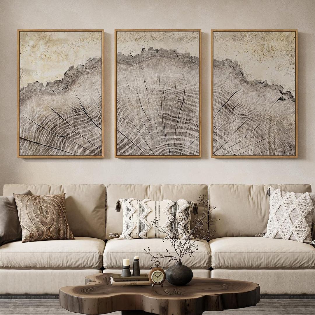 Framed Modern Farmhouse Wall Art for Living Room, 3 Piece Large Neutral Tree Ring Canvas Prints Paintings, Rustic Nature Wood Stump Pictures Artwork for Bedroom Hallway Office Walls Decor, 24x36 Inch, 24"W x 36"Hx 3 Pcs