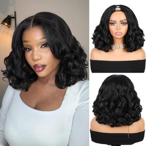 Quantum Love V Part Yaki Curly Wigs for Black Women Afro Curly V Part Synthetic Wig 12Inch Natural Black No Leave Out Clip in Half Wig