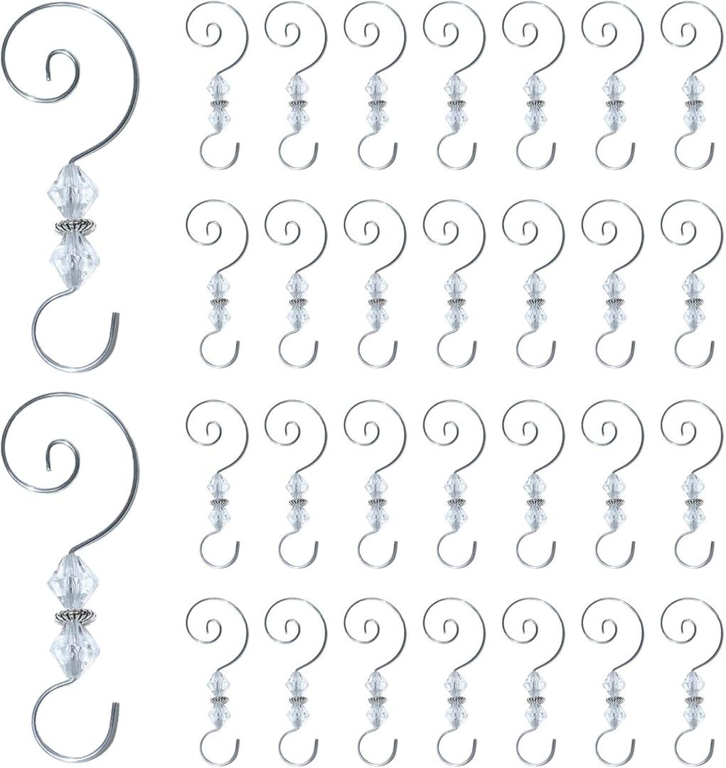 30PCS Christmas Ornament Hooks Hanger, Beaded Hooks for Christmas Decorative Hanging Tree Wall Party Home Accessories (Silver)