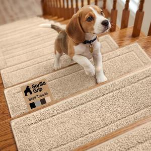 GORILLA GRIP Stair Treads for Wooden Steps,12 Pack Peel and Stick, Multi-Surface Use, Machine Washable Carpet Runners, Indoor Rugs for Stairs, Pet Friendly, Universal Size, Beige, 8x28 Inches