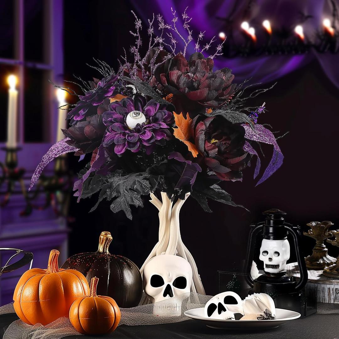 Alupssuc 2 Bundles 22 Heads Large Artificial Halloween Flowers, Fake Flower Arrangement with Spider&Eyeball Decoration, Faux Floral Bouquet for Home Party Decor in Table Centerpieces, Purple&Black