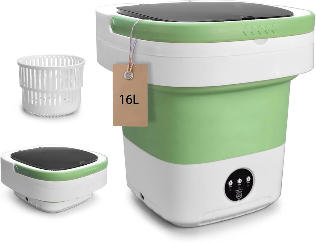 Portable Washing Machine, 16L Upgraded Mini Laundry Machine with Spin Basket, 3 Cleaning Modes Suitable for Small Clothes, Foldable Design Ideal for Home, Campain, Hotel and Apartment, Green