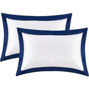 White Pillow Shams King Size Set of 2, 100% Cotton Hotel Luxury Decorative Pillow Sham with Navy Border, 400TC Sateen Weave Soft Smooth Breathable Elegant Pillowcases for Bedding, 20x36 Inches