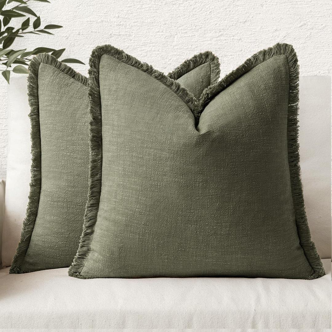 MIULEE Decorative Throw Pillow Covers Neutral Linen Fringe Throw Pillows Set of 2 Olive Green Boho Farmhouse Cushion Covers with Tassels for Couch Sofa Bed Living Room Spring Home Decor 18x18 Inch (18" x 18" (Pack of 2))