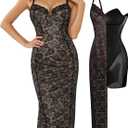 Popilush Built in Shapewear Lace Midi Dress Women's Deep V Neck Sleeveless Formal Wedding Guest Cocktail Bodycon Corset Dress (X-Large, Black)