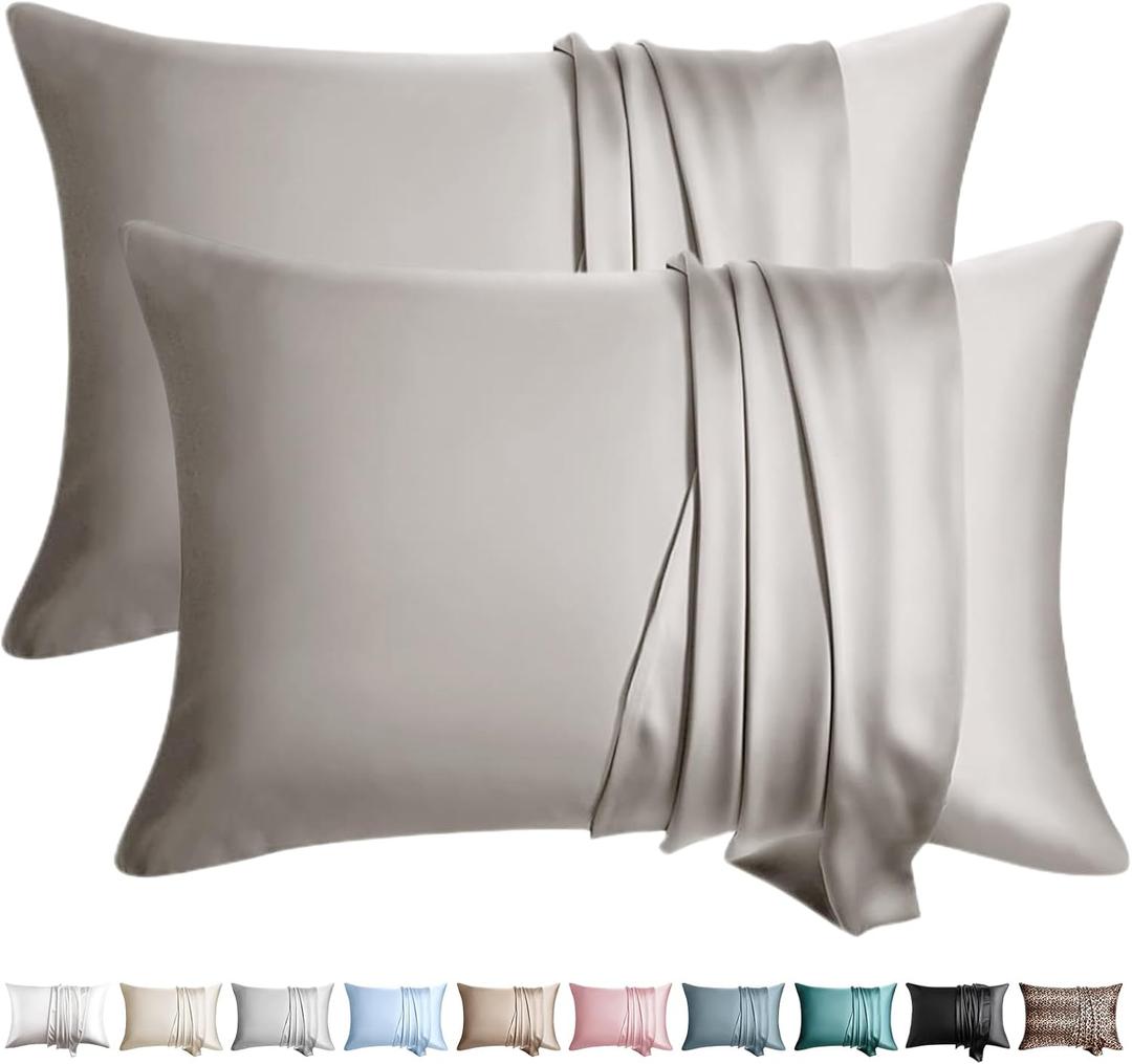 100% Silk Pillow Cases 2 Pack Queen Size Mulberry Silk Pillowcase for Hair and Skin Set of 2 Highest Grade 6A Silk Soft Breathable Cooling with Hidden Zipper, Grey (Gray)