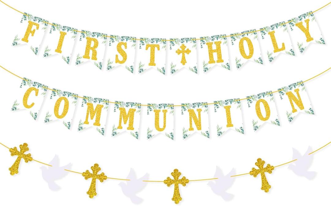 First Holy Communion Banner Cross Dove Garland for Holy First Communion Party Dcor God Bless Christening Boy Girls Baptism Decorations