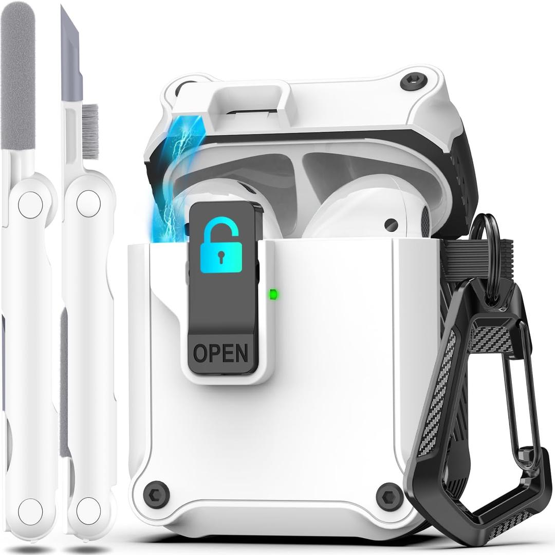 R-fun AirPods 2 Case 2019 with Lock & Cleaning Kit, Keychain, Magnetic Lid, Compatible with AirPods 2nd/ 1st Generation Protective Case, Support Wireless Charging, White, Pack of 2