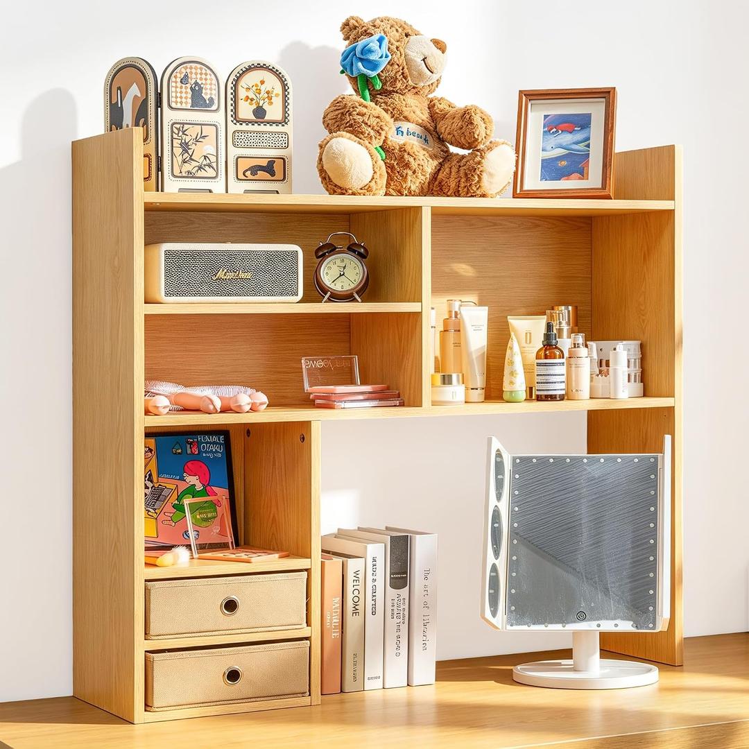 deli Desktop Bookshelf, High-Capacity Desk Hutch Organizer, Natural, 35.4"L x 10"W x 35.4"H