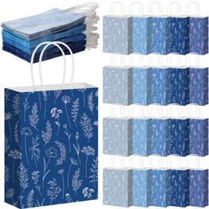 Kolldenn 50 Pcs Blue Wildflower Gift Bags with Handles Paper Floral Goodie Welcome Bag for Wedding Guest Baby Shower Bridal Birthday Party Favor, 5.91 x 3.15 x 8.27 Inches