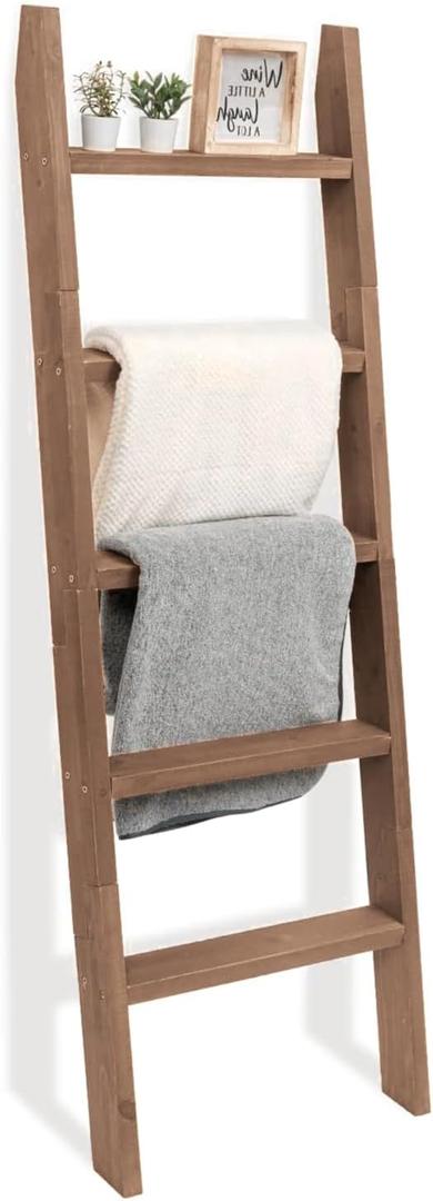 FUIN Blanket Ladder, 5ft Rectangle Rung Rustic Solid Wood Decor Rack, Brown, Thick