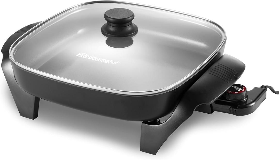 Elite Gourmet 12"x12"x2.15 Ceralast PFAS Free Ceramic Electric Skillet, Dishwasher Safe, Rapid Heat Up, 1200W, Dark Grey