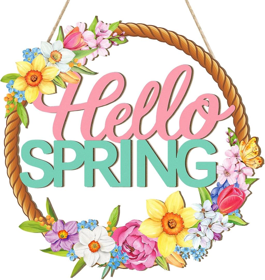 Wooden Spring Decoration Door Wreath for Front Door Sign Wall Signs, Hollow Flower Wreath Sign Hello Spring Welcome Hanging for Home Wall Decor Party Outdoor indoor Supply Easter Decoration