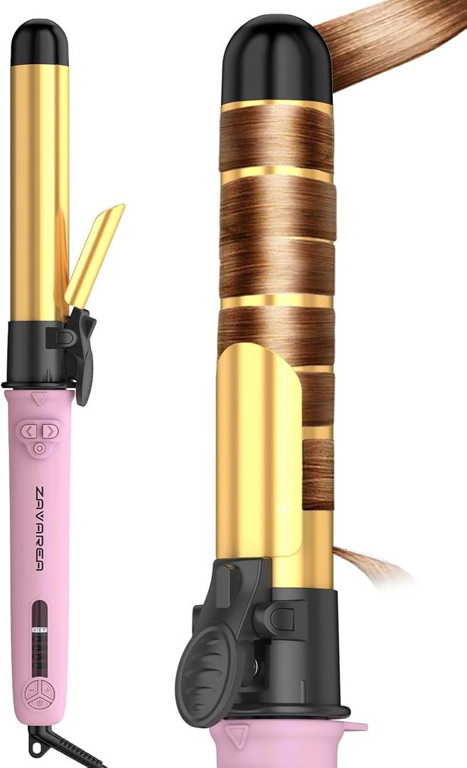 Easy to Use Rotating Curling Wand, Self Rotating Automatic Curling Iron, Dual Voltage Long Barrel for Hair Curls and Waves, 5 Heat Settings Waver Hair Tool (Pink-gold)