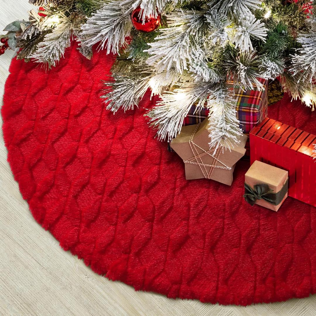 Hommtina Christmas Tree Skirt 48 Inches Tree Skirt,Christmas Tree Decorations Faux Fur Tree Skirt for Xmas Holiday Home Party Decorations Ornaments (Red Stripe)