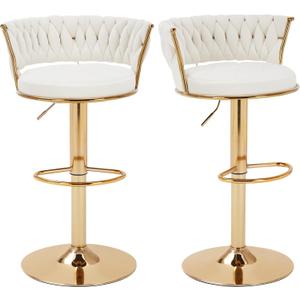 VECELO Bar Stools Set of 2, Adjustable Barstools Counter Height Stools with Back and Arm, Velvet Woven Kitchen Island Stools w/Gold Metal Leg & Base, 360 Swivel Bar Chair for Pubs Dining Room, White