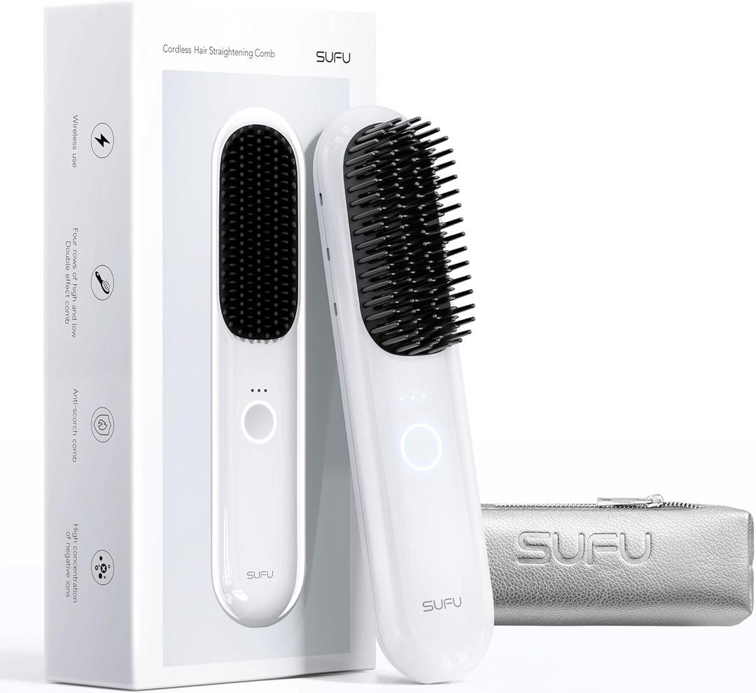 SUFU Cordless Hair Straightener Brush - 9000mAh Battery & Auto-Shutoff, Portable Hair Brush for Travel200M Negative Ions, Upgraded 4-Row Teeth,Straightens Faster & Smoother,Gift for Women