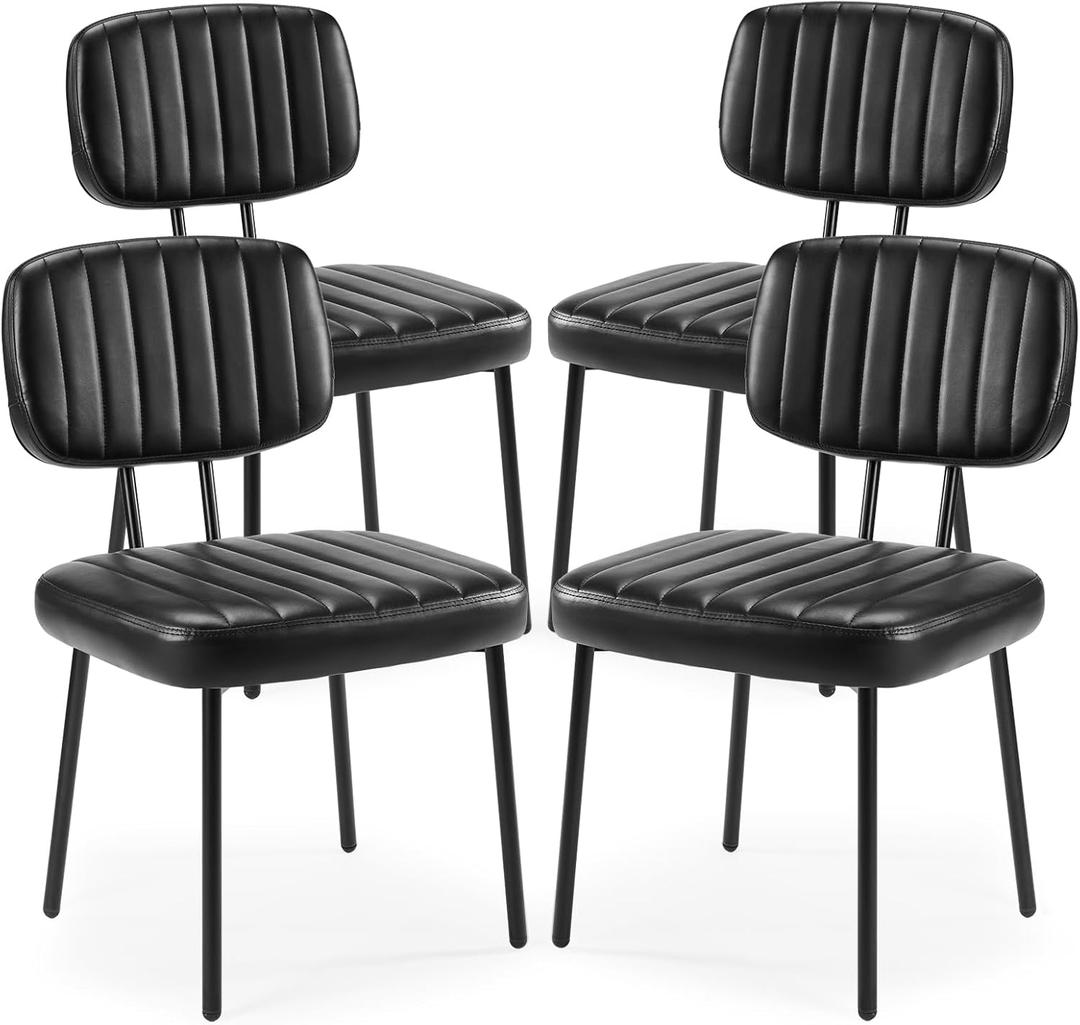 Sweetcrispy Dining Chairs Set of 4, Upholstered Mid Century Modern Kitchen Dining Room Accent Chairs with Faux Leather Cushion Seat & Metal Legs for Kitchen, Living Room - Black