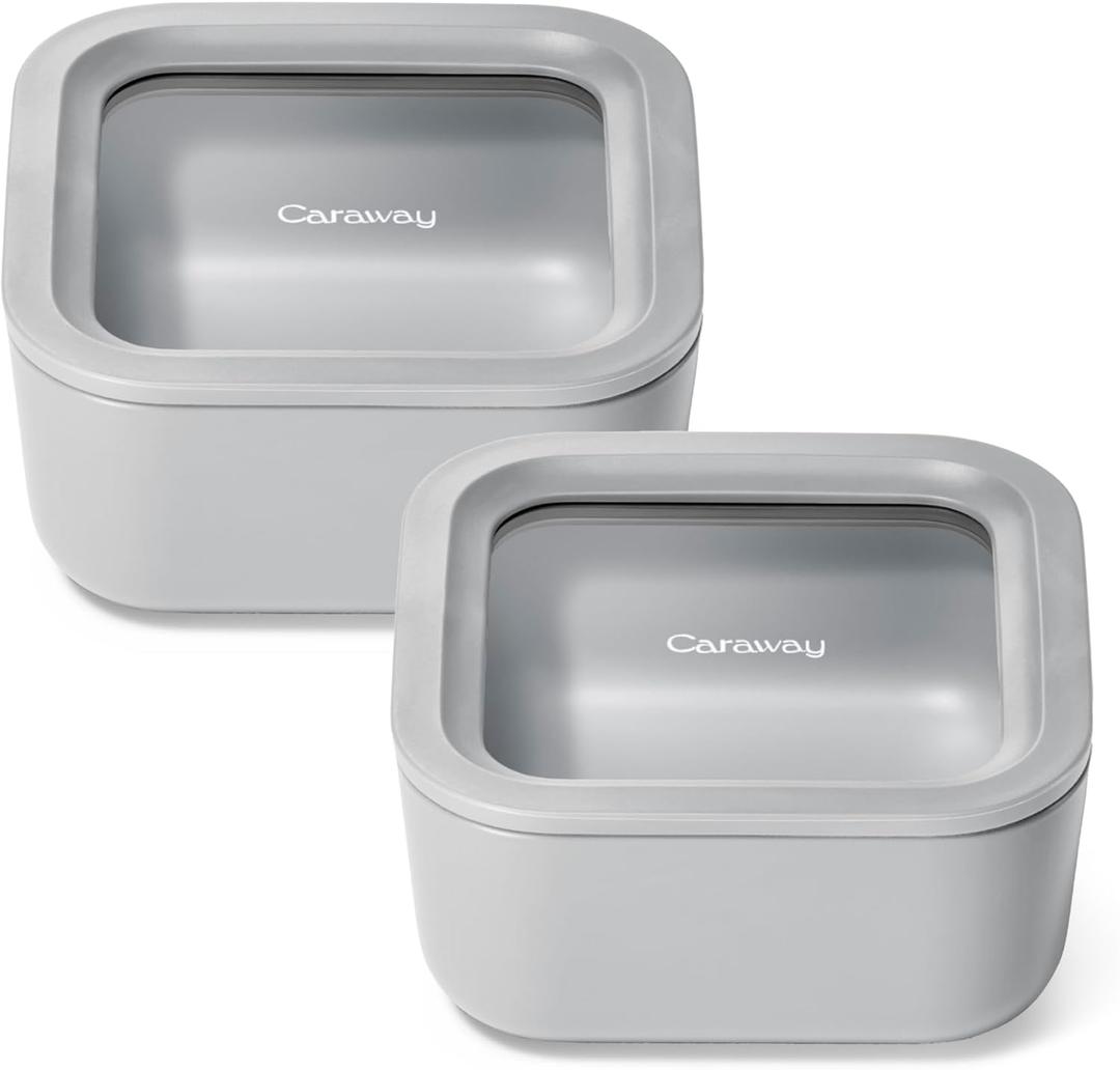 Caraway 2pc Glass Food Storage Set - 10 Cup Food Containers (2) - Ceramic Coated - Non Toxic, Non Stick Lunch Box with Lids. Dishwasher, Oven, & Microwave Safe - Grey
